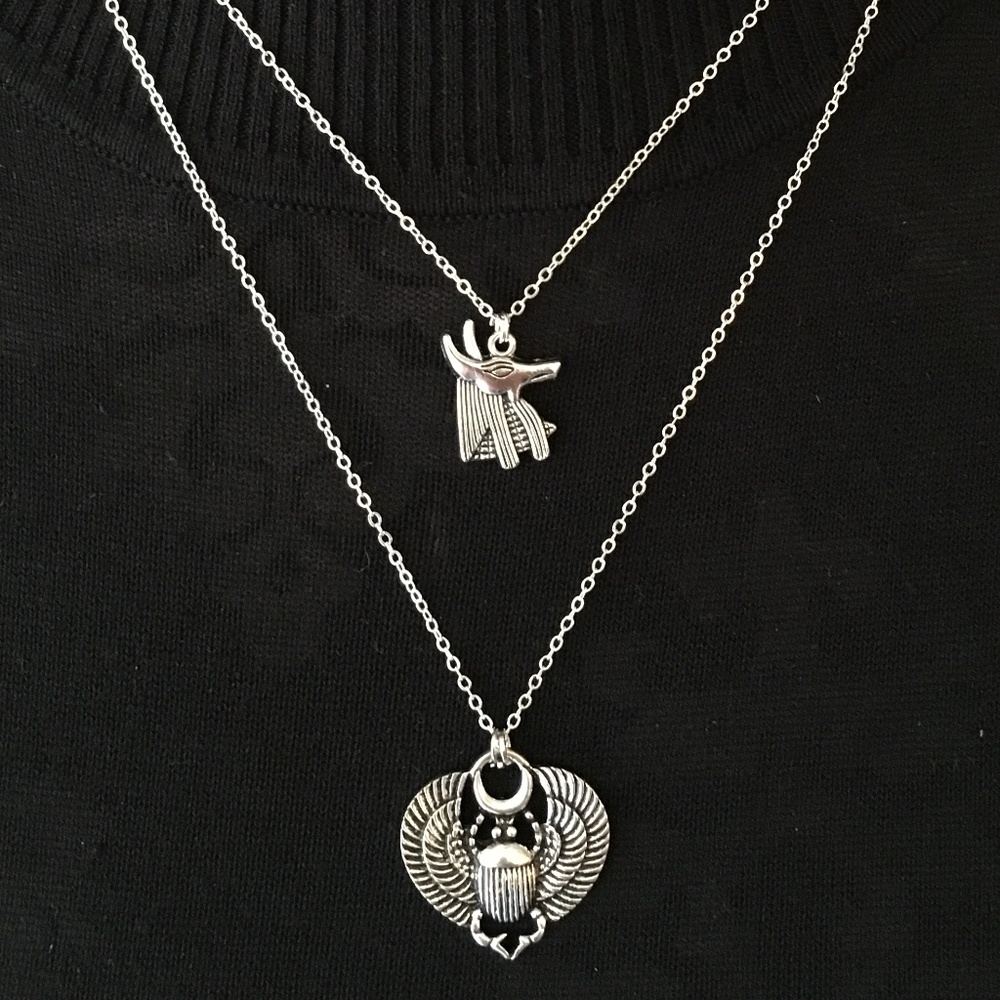 “Book of the Dead" Handmade Dainty 2-Layer Egyptian Necklace, Anubis, Scarab - Picture 2 of 14